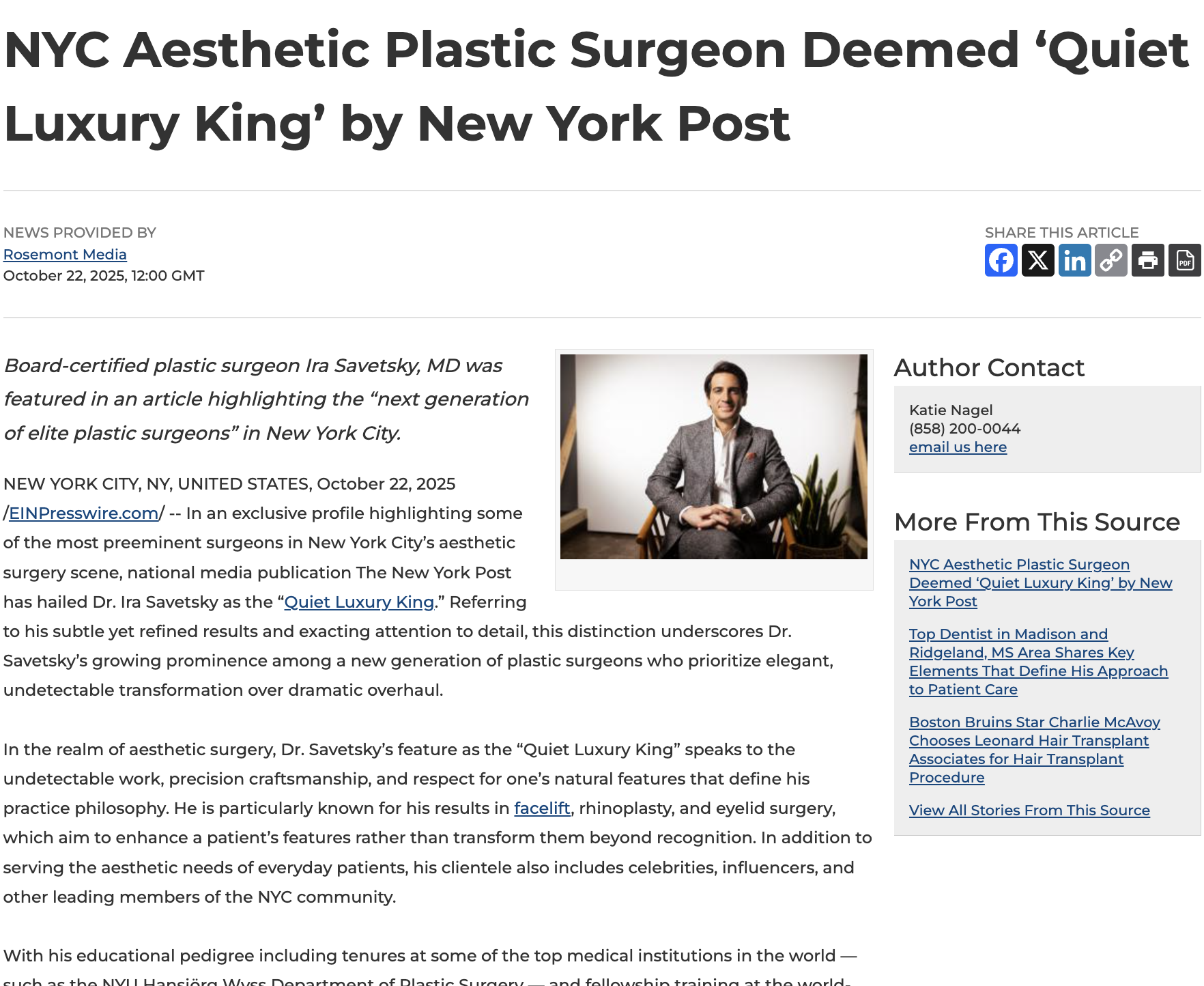New York Post Names Dr. Ira Savetsky Among Top NYC Plastic Surgeons