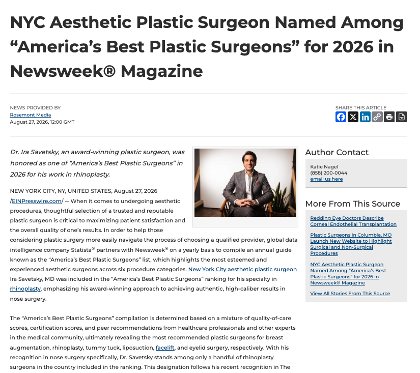 Dr. Ira Savetsky Named One of America’s Best Plastic Surgeons in 2026 by Newsweek